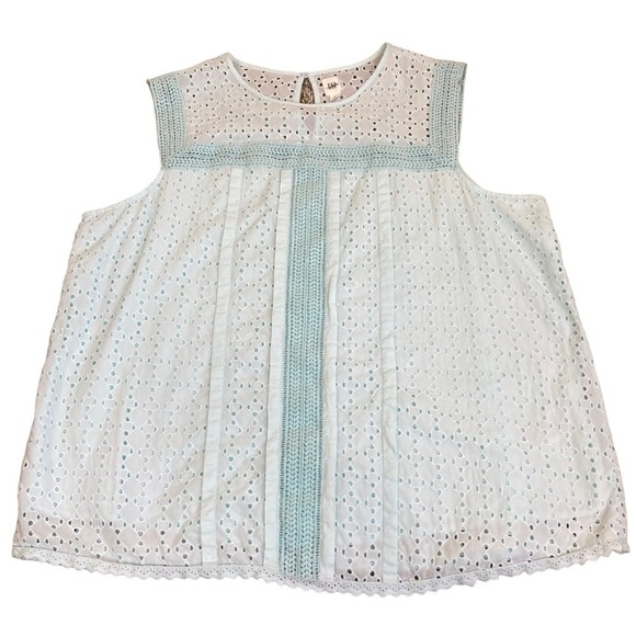 GAP Cottagecore Boho Crochet Eyelet Sleeveless Top Light Blue Lined Cotton Sz XL - Picture 11 of 14